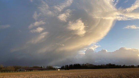 Das Bild zeigt ein abziehenden Graupelschauer über Wolfsburg mit Mammatuswolken. © NDR Foto: Carsten Kehrmann