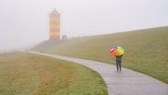 Eine Frau geht mit Regenschirm vor einem Leuchtturm in Pilsum spazieren. © NDR Foto: Lorenz Wodzinski