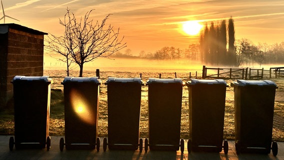 Mülltonnen stehen am frühen Morgen in Neukamperfehn vor einer Wiese. © NDR Foto: Dr. Heiko Oltmanns