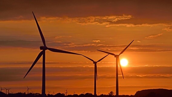 Hinter Windrädern ist ein Sonnenuntergang zu sehen. © picture alliance/Bildagentur-online Foto: McP-Waldkirch