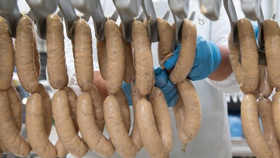 Ein Angestellter hängt in einem Unternehmen der Fleischwirtschaft Würste an einen Haken. © picture alliance / dpa Themendienst | Franziska Gabbert Foto: Franziska Gabbert