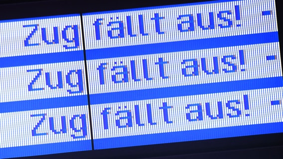"Zug fällt aus" steht auf einer Anzeigetafel im Hauptbahnhof. © picture alliance/dpa | Stefan Sauer Foto: Stefan Sauer