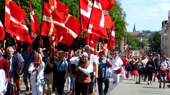 Viele Menschen haben sich auf einer Wiese versammelt und im Hintergrund hängt ein Schild mit der Aufschrift "Dansk Armsmode". © NDR Foto: Peer-Axel Kröeske