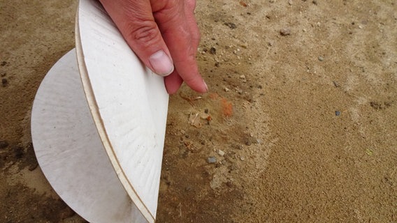 Eine Hand zeigt auf einen rötlichen Lehmklumpen im Sand. © NDR Foto: Peer-Axel Kroeske