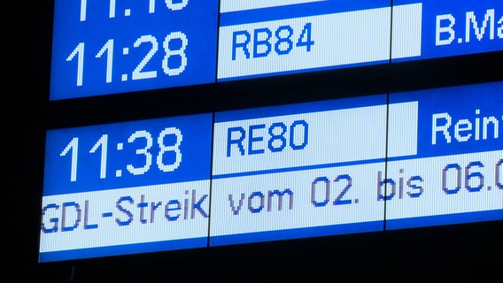 Eine Anzeigetafel am Lübecker Hauptbahnhof blendet Informationen über den GDL-Streik vom 02.09. - 06.09 ein. © NDR 