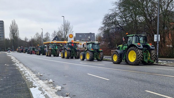 Eine Treckerkolonne bewegt sich durch die Straßen von Kiel. © NDR Foto: Jenny Reisloh