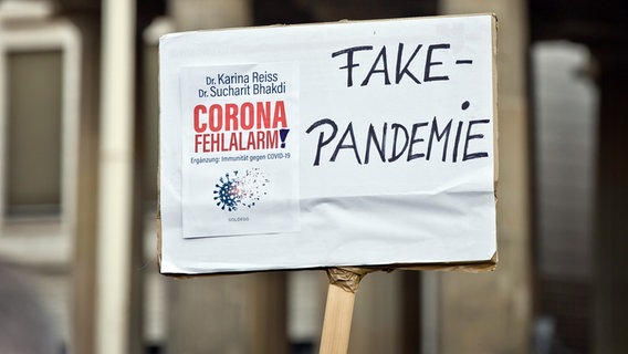 Demonstration der Corona Info Tour vor dem Brandenburger Tour in Berlin, im Bild: Transparent mit Buchtitel Corona Fehlalarm der Autoren Dr. Karina Reiss und Dr. Sucharit Bhakdi und Aufschrift Fake Pandemie. © picture alliance / Eventpress Hoensch 