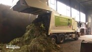 Ein Mülllaster entlädt Biomüll in einer Halle auf einen Haufen. © NDR 