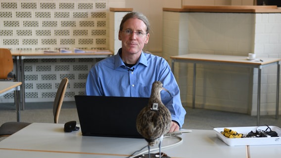 Dr. Phiipp Schwemmer vor dem Laptop sitzend am Tisch. © NDR Foto: Jörn Zahlmann