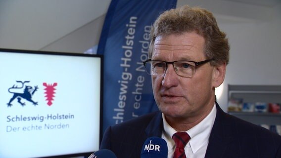 Der Wirtschafsminister Bernd Buchholz (FDP) im Interview vor dem Logo von Schleswig-Holstein © NDR 