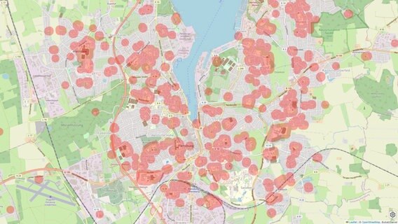 Auf einem Kartenausschnitt von Flensburg sind verschiedene Bereiche Rot eingefärbt. © Bubatzkarte / OpenStreetMap Foto: Bubatzkarte / OpenStreetMap