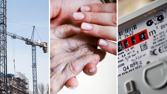 Eine Bildercollage zeigt drei Themenbilder zu den Themen Wohnungsnot, Pflegenotstand und steigende Energiepreise. © picture alliance/imago images 