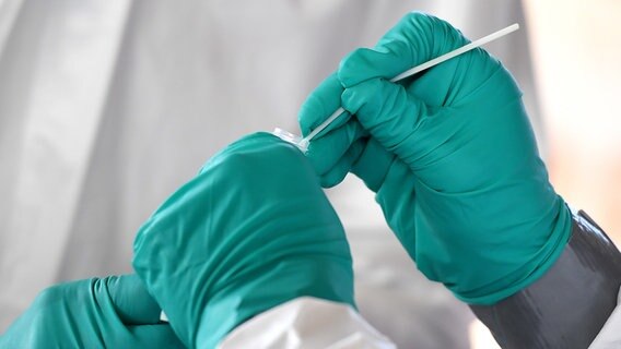 Eine Person steckt ein Abstrichstäbchen in eine Coronavirus-Testprobe. © picture alliance Foto: Frank Hoermann