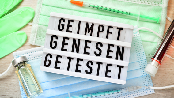 Ein Schild mit Aufschrift "Geimpft, genesen, getestet" liegt auf Schutzmasken mit Impfstoff und Impfspritzen. © imago images/Christian Ohde Foto: Christian Ohde