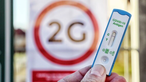 Eine Hand hält einen negativen Corona-Antigen-Schnelltest vor ein  2G Schild an einem Zaun. © IMAGO / Avanti 