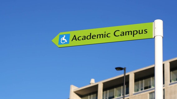 Ein Schild mit einem Rollstuhlsmbol und der Aufschrift "Academic Campus" vor blauem Himmel. © Imago Images Foto: Design Pics