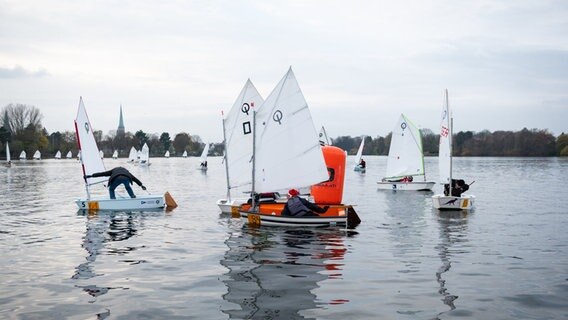 Bei der Eisarschregatta in Lübeck segeln Erwachsene in kleinen Optimisten auf der Wakenitz. © dpa-Bildfunk Foto: Jonas Walzberg