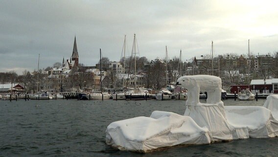 Eine Kunst-Installation im Flensburger Hafen zeigt einen Eisbären auf einer Eisscholle im Wasser. © NDR 