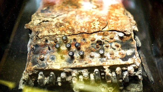 Eine alte Enigma, die weitgehend zerstört ist liegt in einer Kiste. © Axel Heimken/dpa Foto: Axel Heimken