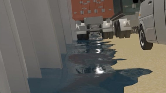 Animationsbild von eindringendem Wasser in den Frachtraum.  