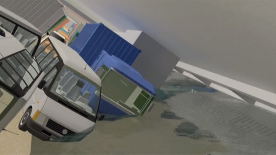 Animationsbild vom Frachtraum der Estonia mit eingedrungendem Wasser und verrutschten Fahrzeugen.  