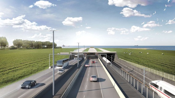 Das Bild zeigt ein Modell der Einfahrt in den geplanten Fehmarnbelttunnel.  