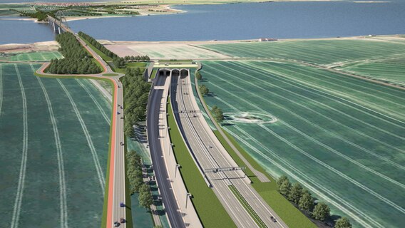 Eine Animation der neuen Fehmarnbeltquerung mit Autobahn und Zugstrecke. © Deutsche Bahn Foto: Deutsche Bahn