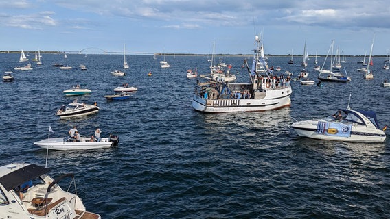 Mehrere Boote sind im Fehmarnsund unterwegs bei einer Demo. © NDR Foto: Philipp Kamke