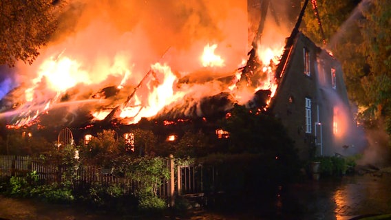 Einsatzkräfte löschen ein Großfeuer bei einem alten Reetdachhaus in Klein Nordende bei Elmshorn.  Foto: Florian Sprenger