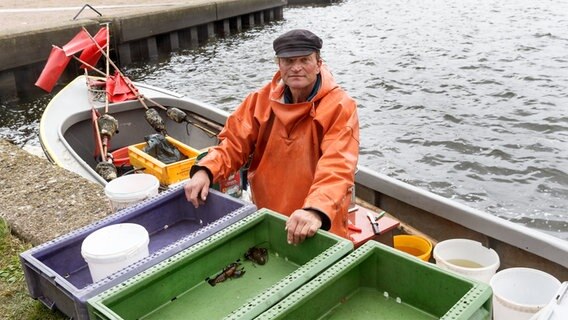 Schleifischer Jörg Nadler steht in seinem Fischerboot an einem Anleger in Schleswig an der Schlei. © dpa - Bildfunk Foto: Markus Scholz