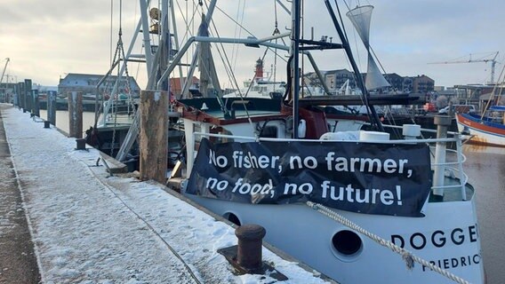 Auf einem Schiffsbanner steht: no, fisher, no farmer, food, no future! © NDR 