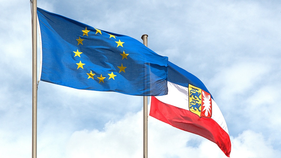 Im Wind wehende Flaggen der Europäischen Union mit den 12 fünfzackigen, gelben Sternen auf azurblauen Hintergrund sowie die Schleswig-Holstein Flagge mit Landeswappen vor bewölktem Himmel 