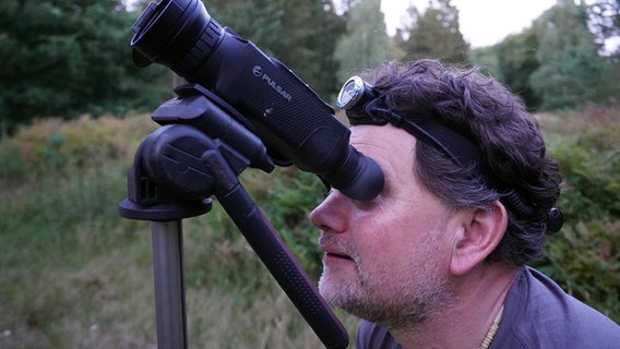 Ein Mann beobachtet durch eine Wärmebildkamera Fledermäuse. © NDR Foto: Elin Halvorsen