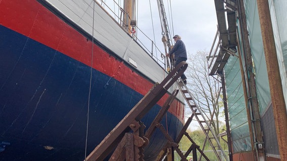 Arved Fuchs steht auf einer Leiter und begutachtet ein Schiff. © NDR Foto: Lena Haamann