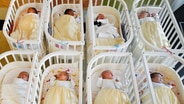 In einer Klinik für Geburtshilfe liegen wenige Stunden alte Babys in ihren Bettchen. © picture alliance / dpa Foto: Waltraud Grubitzsch
