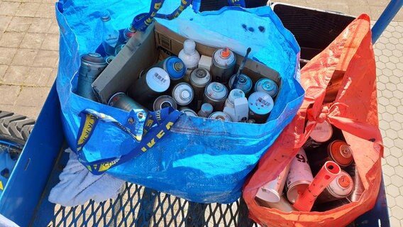 Mehrere Spraydosen liegen in einem großen Plastikbeutel. © NDR Foto: Johannes Tran