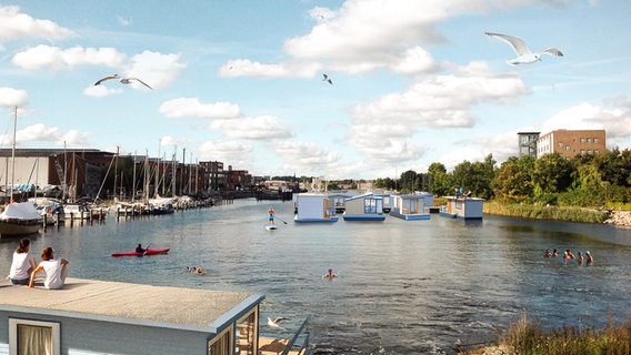 Das Foto zeigt den Projekt-Entwurf zu den Hausbooten auf der Schwentine in Kiel. © Ruven Wiegert 