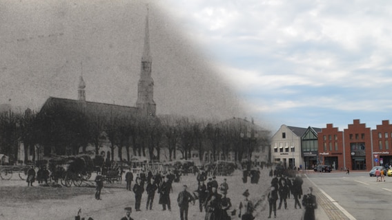 Ein aktuelles Foto vom Heider Martkplatz vermischt mit einer Aufnahme aus dem Jahr 1902. © Stadtarchiv Heide/NDR Foto: Stadtarchiv Heide/Katharina Kücke