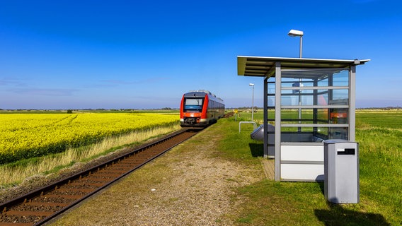 Eine Bahn fährt am Bahnhof Kating unter blauem Himmel ein. © Fritz Sigg Foto: Fritz Sigg