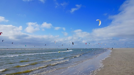 Viele Kitesurfer nutzen den Sonnenschein und Wind am Strand von St.Peter-Ording. © Catarina Hay Foto: Catarina Hay