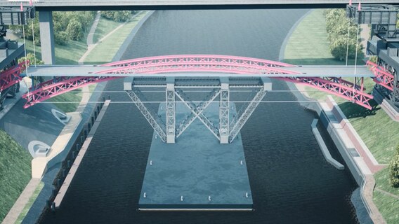 Eine Animation zeigt den Austausch der Stahlkonstruktion der Levensauer Hochbrücke bei Kiel. © WNA NOK 