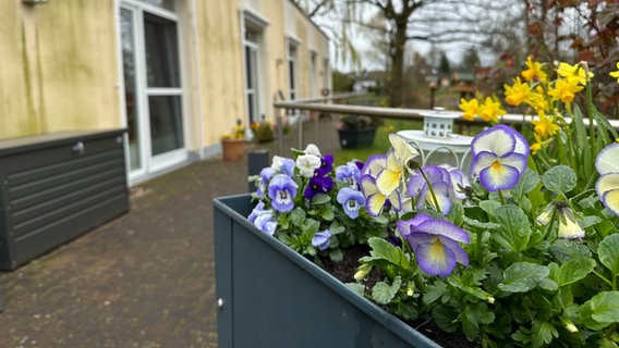 Ein Blumenkasten steht vor einem Hospiz. © NDR Foto: Johannes Tran