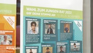 Auf einem Plakat stehen die Namen von Jugendlichen, die sich zur Wahl für den Jungen Rat bewerben. © NDR 