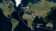 Eine computergenerierte Weltkarte zeigt die Route, die Weltumsegler Wilfried Erdmann hinterlegt hat. © NDR 