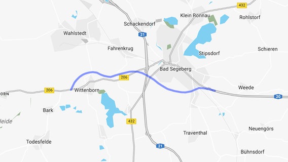 Eine grafisch dargestellte Karte zeigt den für den Weiterbau geplanten Abschnitt der A20. Eine grafisch dargestellte Karte zeigt den für den Weiterbau geplanten Abschnitt der A20. © NDR