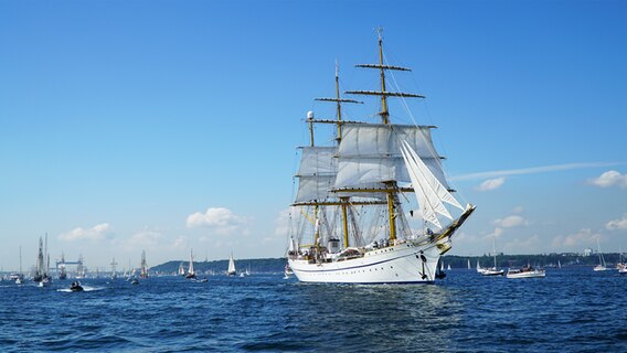 Das deutsche Segelschulschiff «Gorch Fock » führt am 25.06.2022 in Kiel die traditionelle Windjammerparade zur Kieler Woche an. © NDR Foto: Christian Wolf