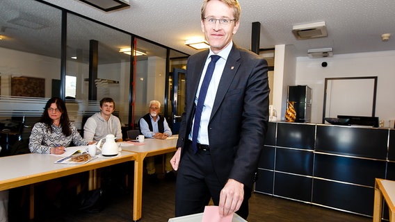 Ministerpräsident Daniel Günther (CDU) wirft seinen Stimmzettel zur Kommunalwahl in die Wahlurne. © dpa Bildfunk Foto: Frank Molter
