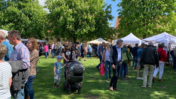 An einem sonnigen Tag schauen sich Menschen auf dem Gottorfer Landmarkt um.  Foto: Karin Hausschildt