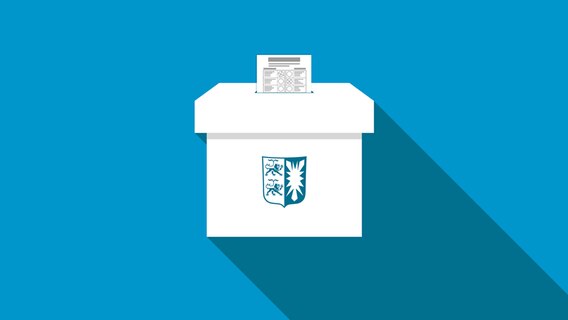 Eine stilisierte Darstellung einer Wahlurne mit dem Wappen Schleswig-Holsteins.  