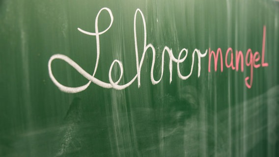 Schriftzug "Lehrermangel" steht an einer Tafel in einem Klassenzimmer. © IMAGO / Pond5 Images 